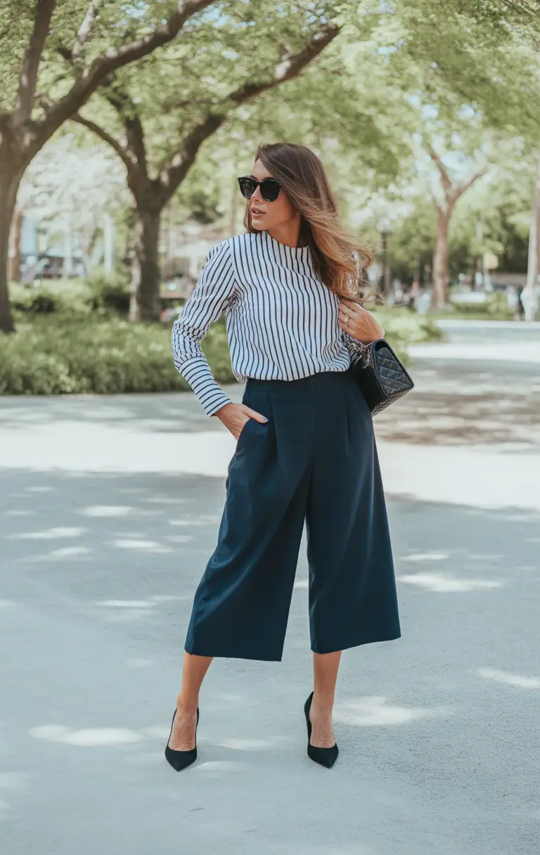Business casual Navy Culottes and Stripes for Clean Spring Precision