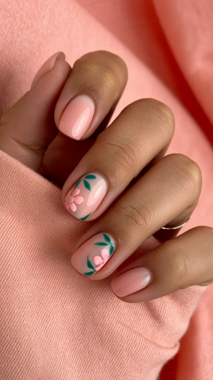 popular spring nail inspo 2026 Soft Pink Botanical Short Nails for Fresh Spring Days