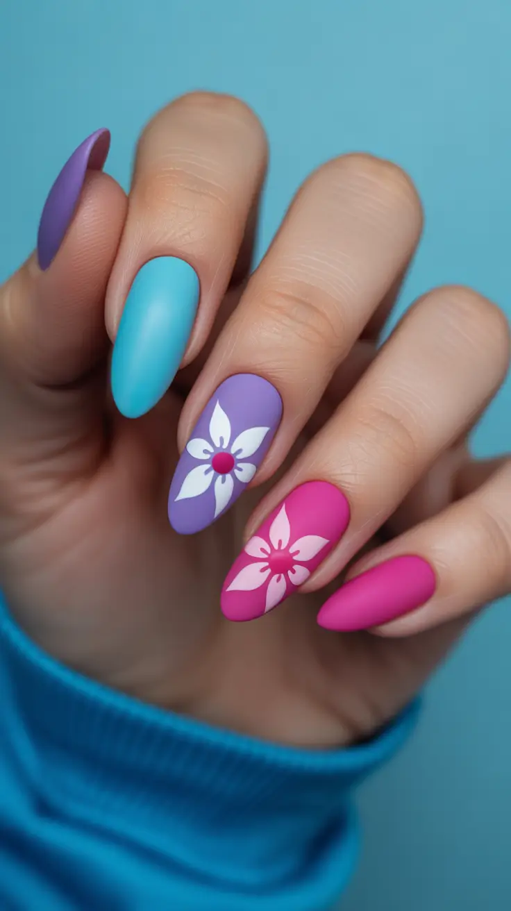 popular spring nail inspo 2026 Matte Pastel Mix Almond Nails with Retro Spring Flowers