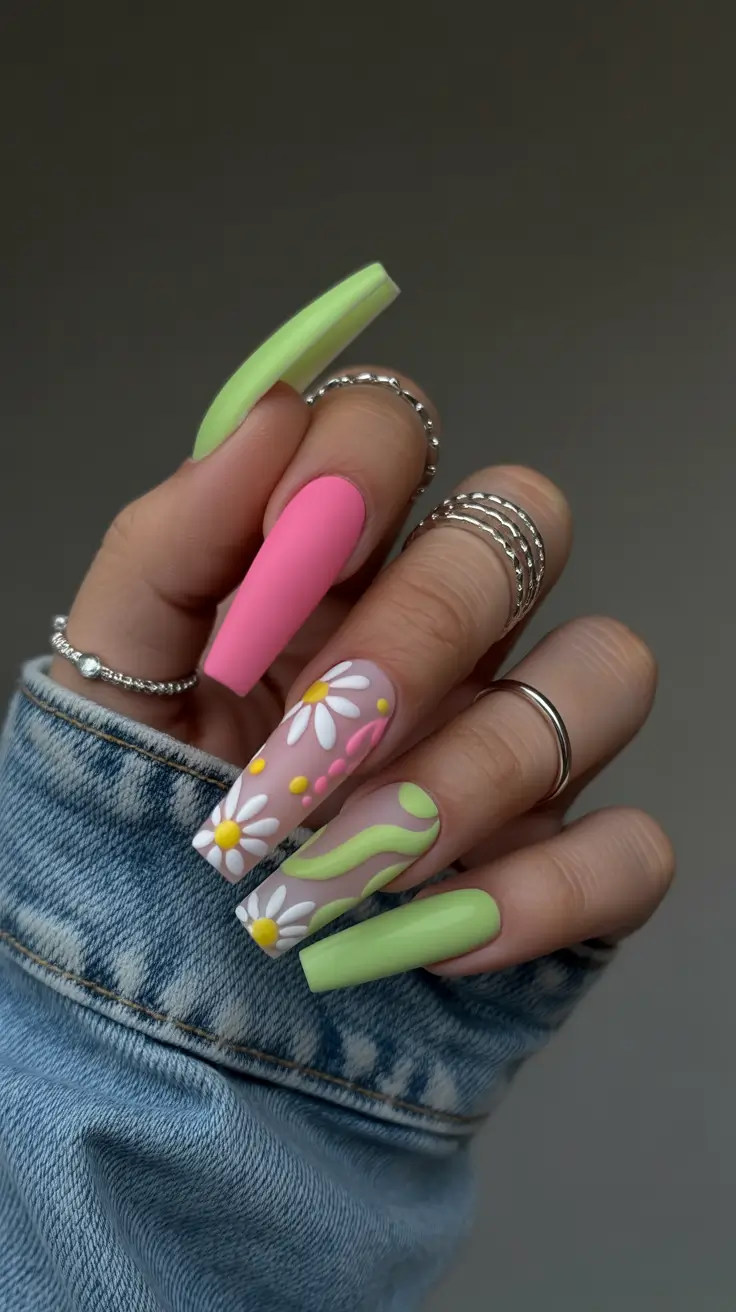 popular spring nail inspo 2026 Pastel Daisy Coffin Nails in Pink and 2026 Green Mix