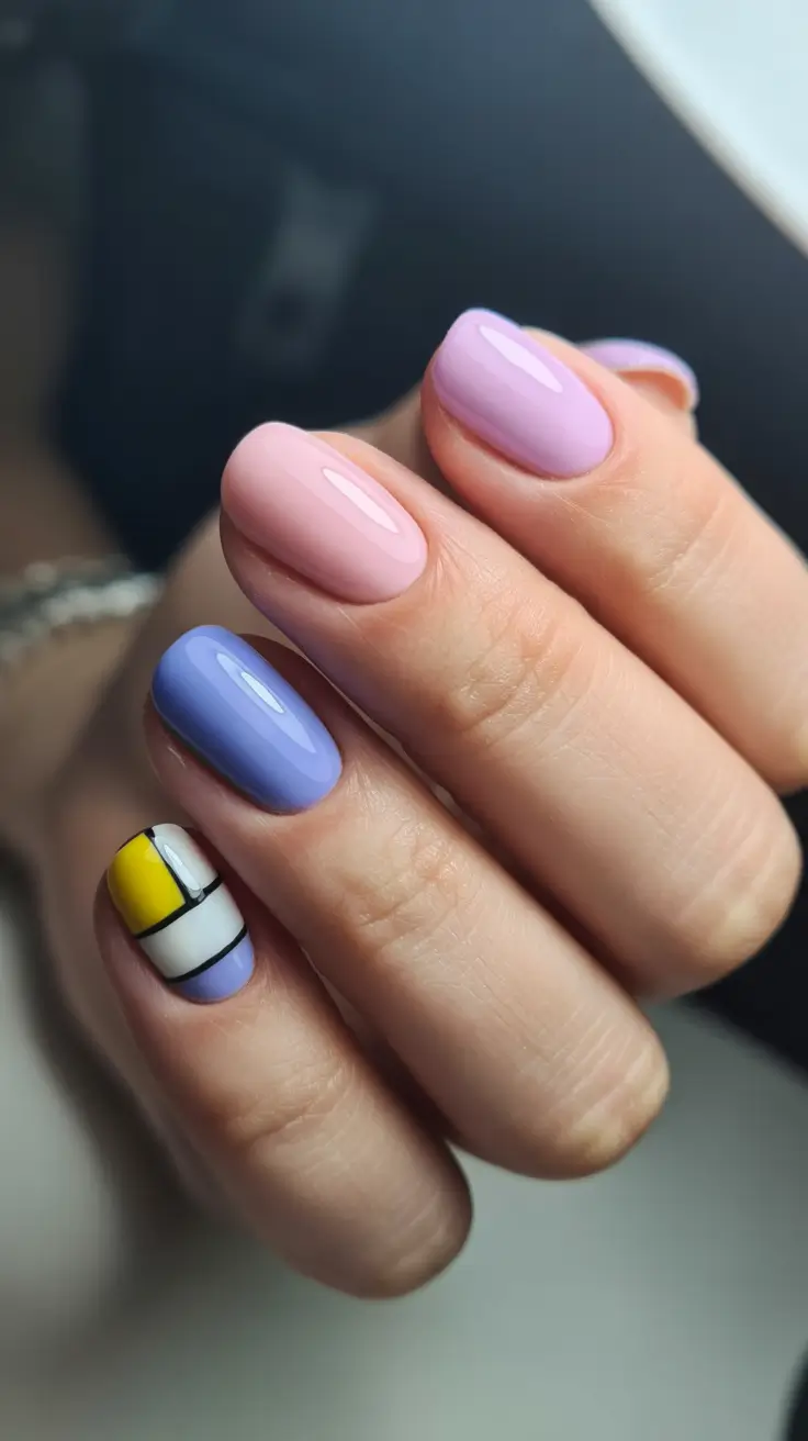 popular spring nail inspo 2026 Soft Pastel Short Nails with Graphic Color Block Accent