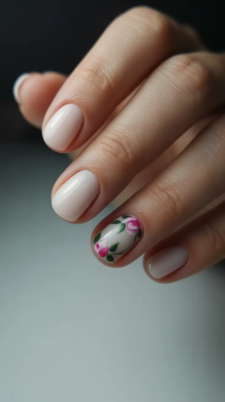 popular spring nail inspo 2026 Minimal Nude Short Nails with Delicate Pink Floral Accent