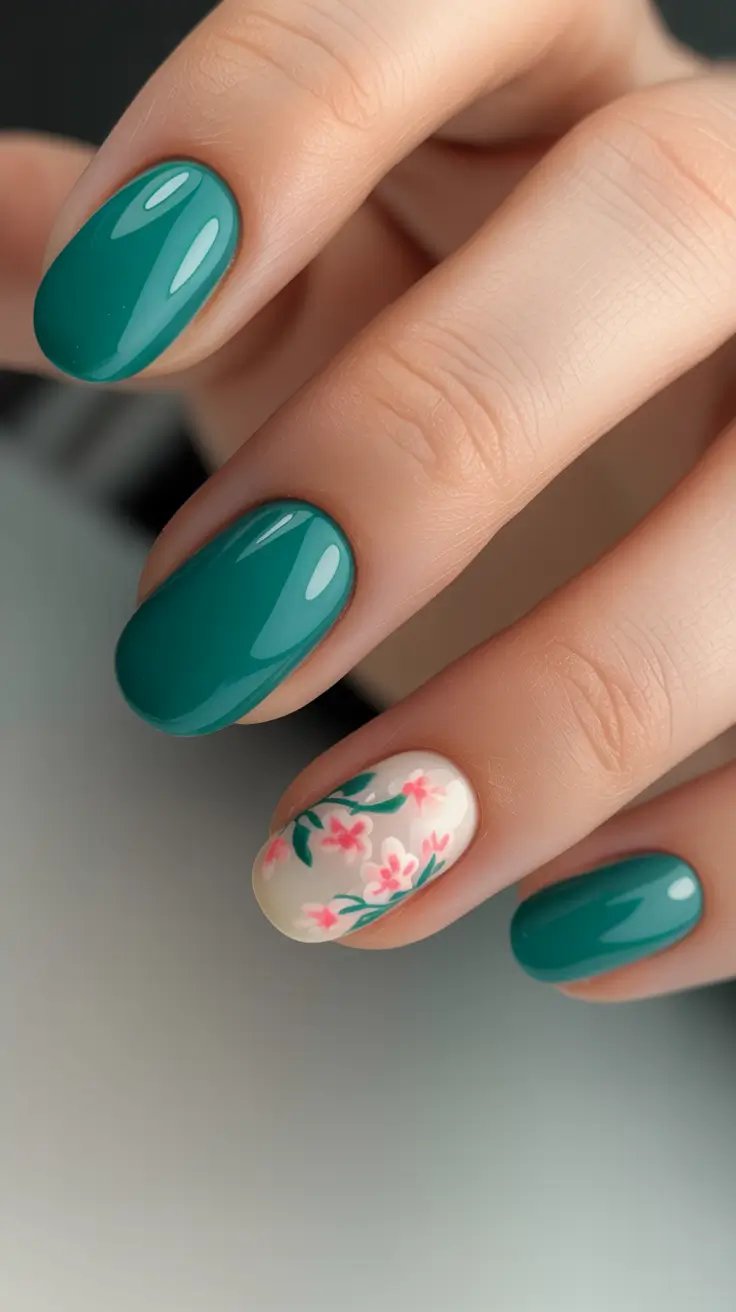 popular spring nail inspo 2026 Deep Teal Short Nails with Soft Spring Blossom Accent