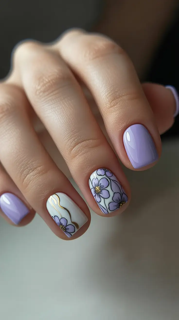 popular spring nail inspo 2026 Lavender Short Nails with Fine Spring Floral Illustration