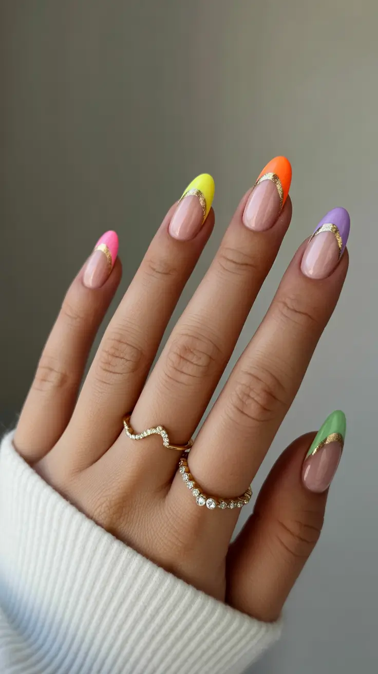 popular spring nail inspo 2026 Rainbow Almond French Tips with Gold Spring Accent