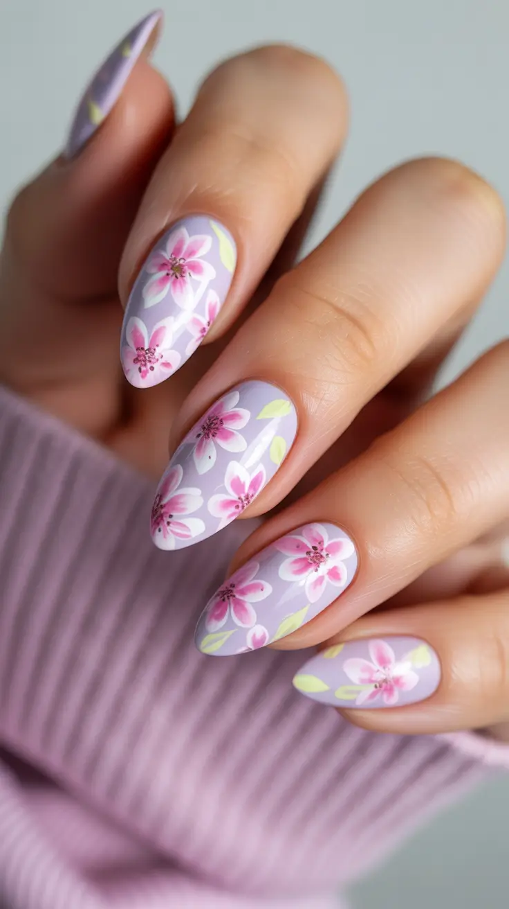 popular spring nail inspo 2026 Lavender Floral Almond Nails with Soft Spring Blossom Pattern