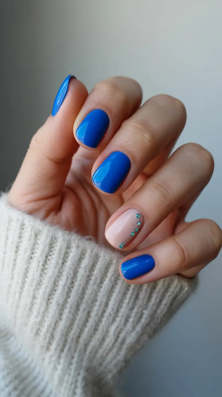 popular spring nail inspo 2026 Cobalt Pop Short Square Nails with Minimal Accent