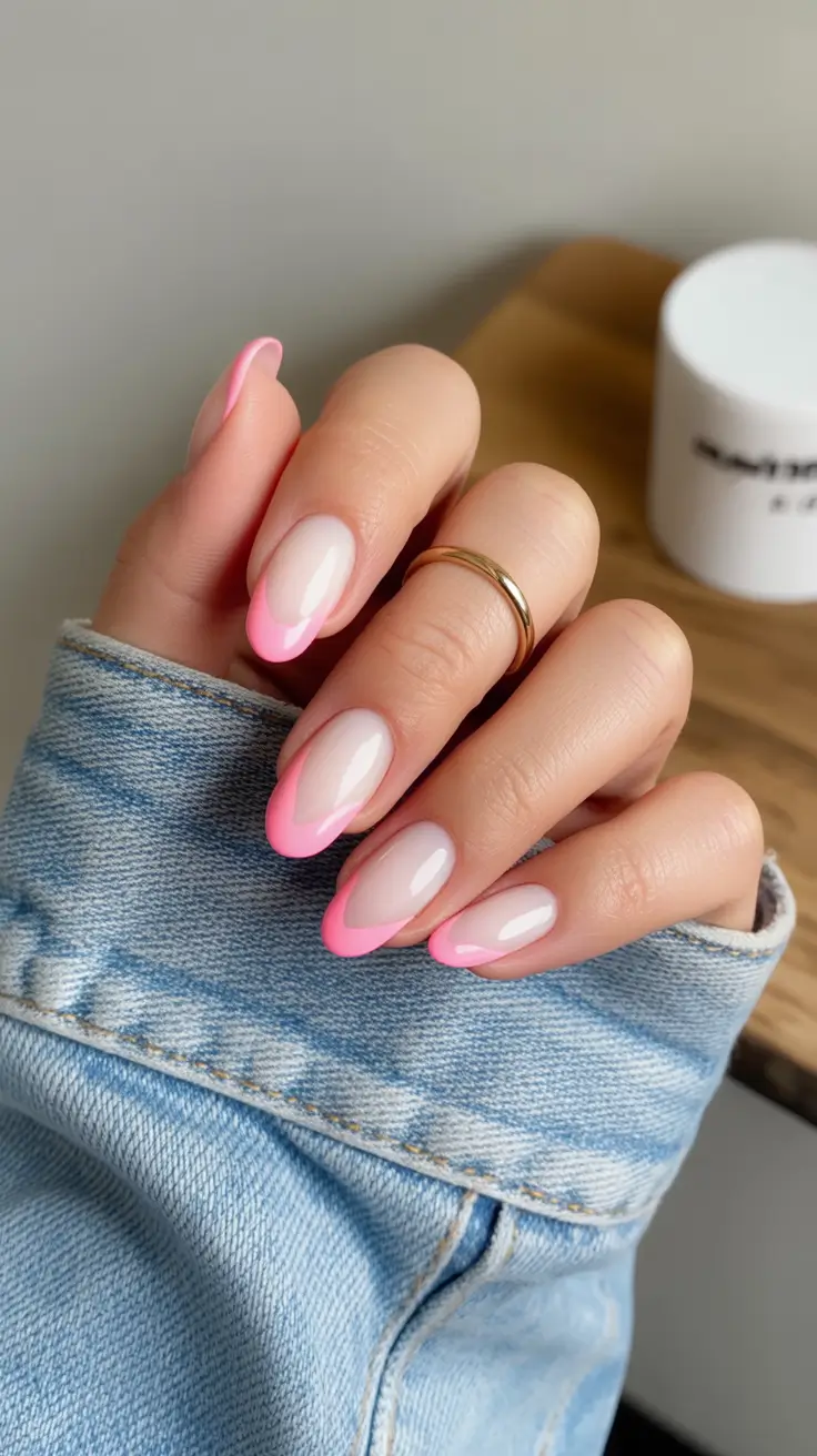 popular spring nail inspo 2026 Sheer Pink Almond Nails with Minimal French Edge