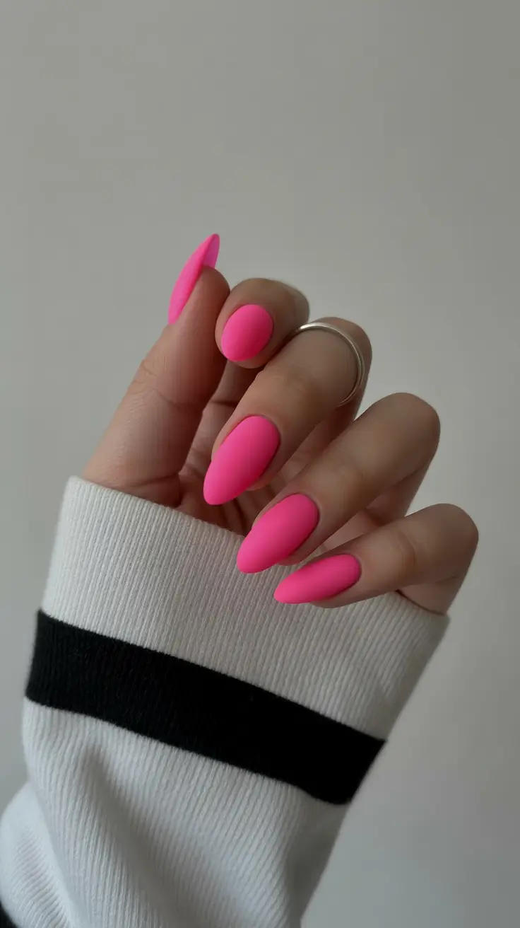 popular spring nail inspo 2026 Matte Hot Pink Almond Nails for Bold Spring 2026