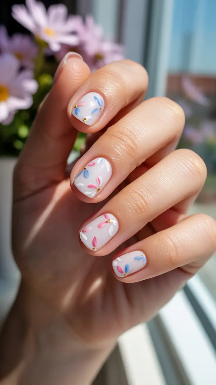popular spring nail inspo 2026 Short White Spring Nails with Tiny Pastel Petal Details