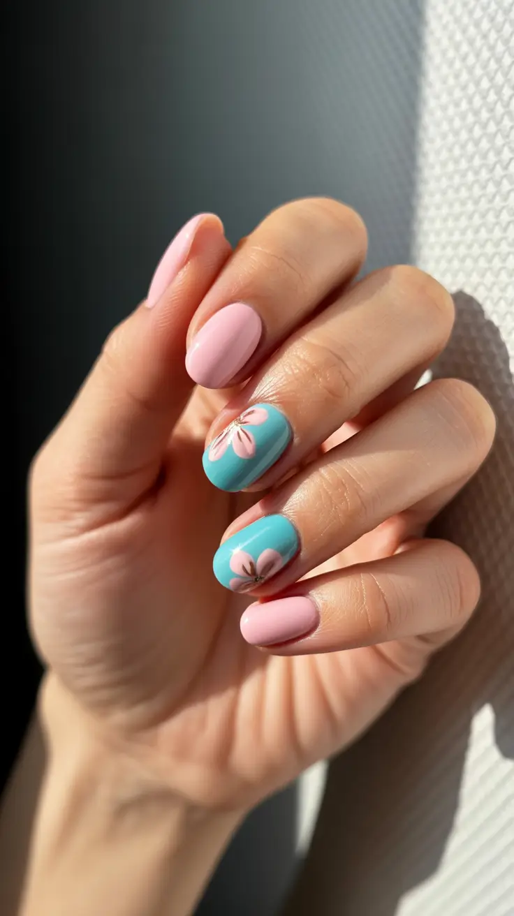 popular spring nail inspo 2026 Pastel Blue and Pink Floral Almond Spring Mix