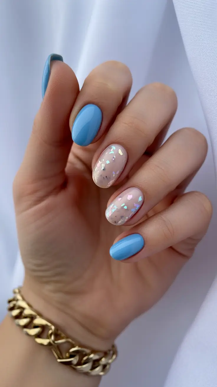 popular spring nail inspo 2026 Sky Blue Confetti Gloss Nails with Soft Spring Sparkle
