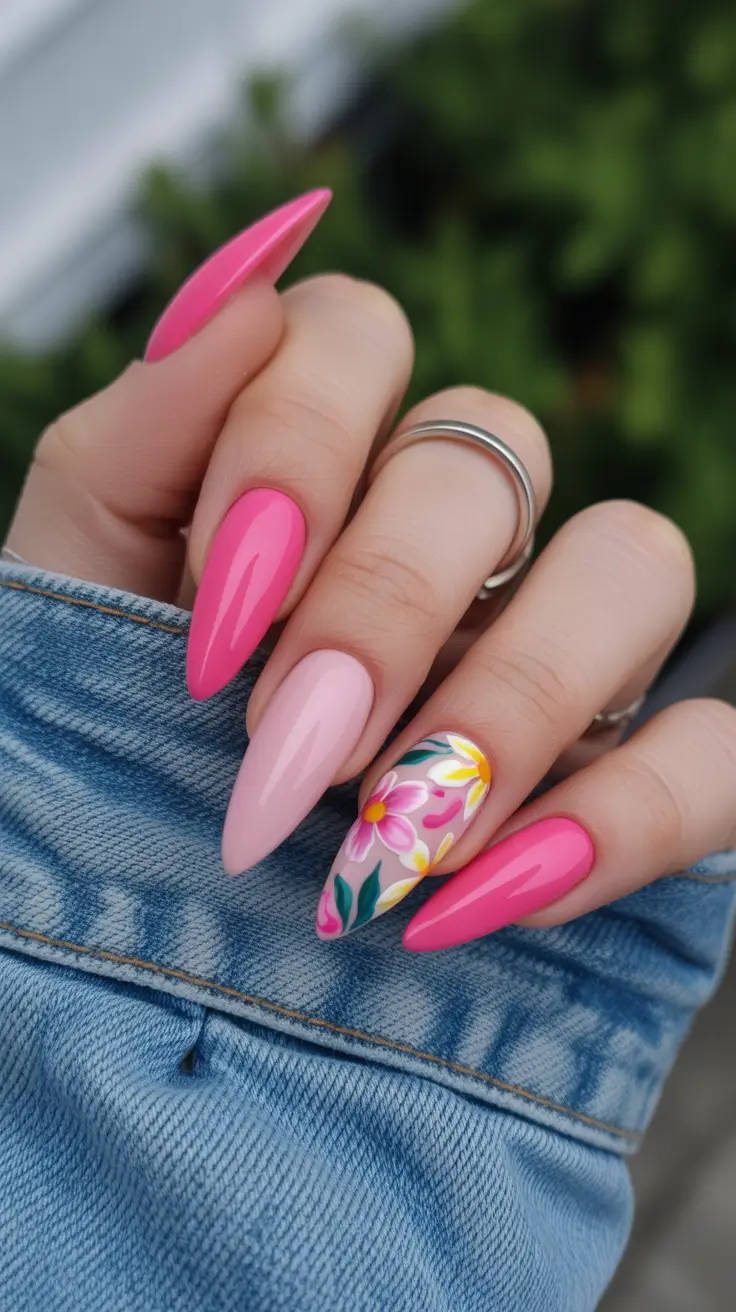 popular spring nail inspo 2026 Hot Pink Floral Almond Nails with Blooming Gel Detail