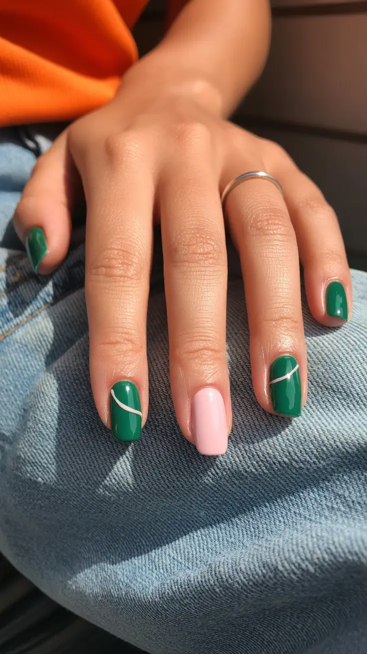 popular trendy spring nails 2026 Fresh Botanical Green with Minimal Line Accent