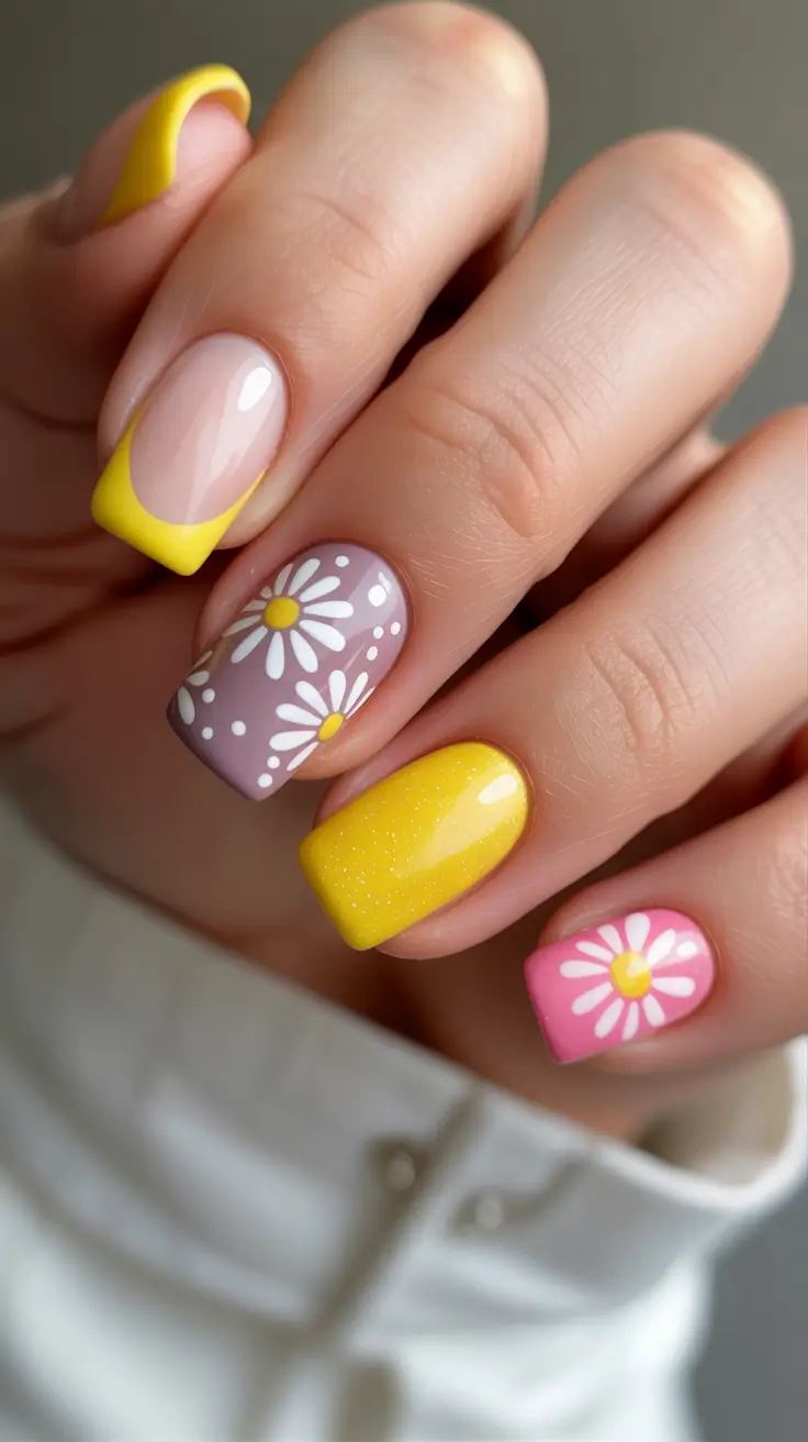 popular trendy spring nails 2026 Sunny Yellow Daisy Mix with Square Tips