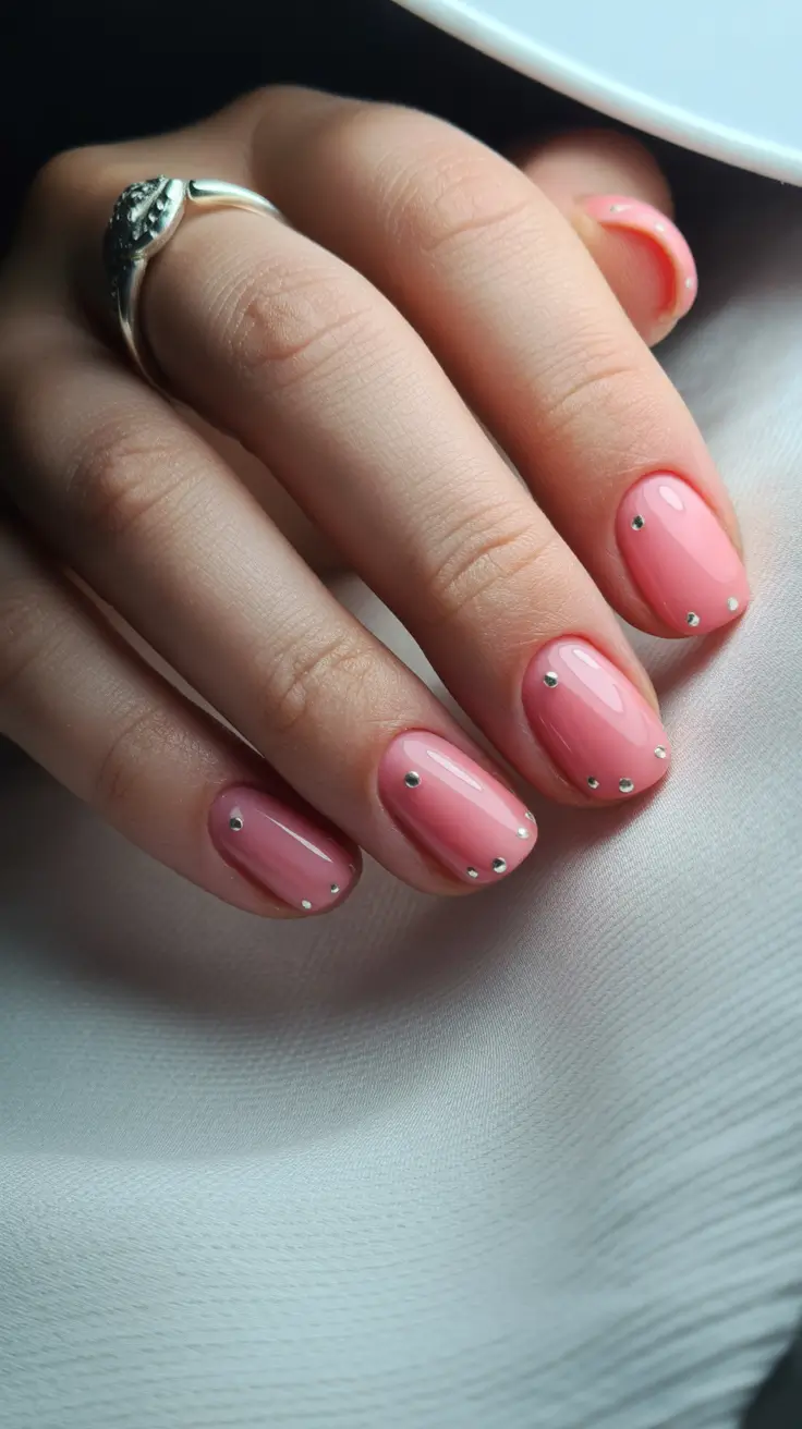 popular trendy spring nails 2026 Glossy Pink Minimal with Micro Crystal Dots