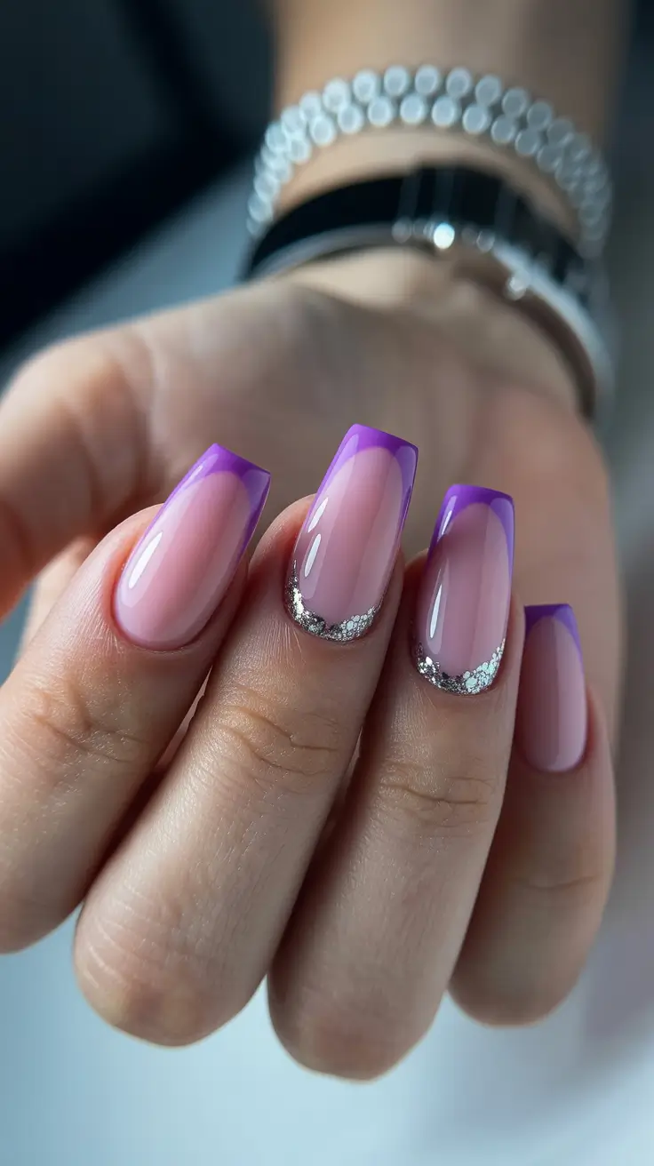 popular trendy spring nails 2026 Purple French Curve with Glitter Cuticle Accent