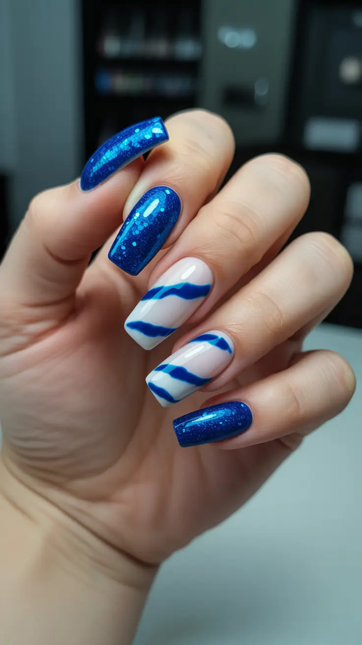 popular trendy spring nails 2026 Electric Blue Glitter and Wave Art Mix