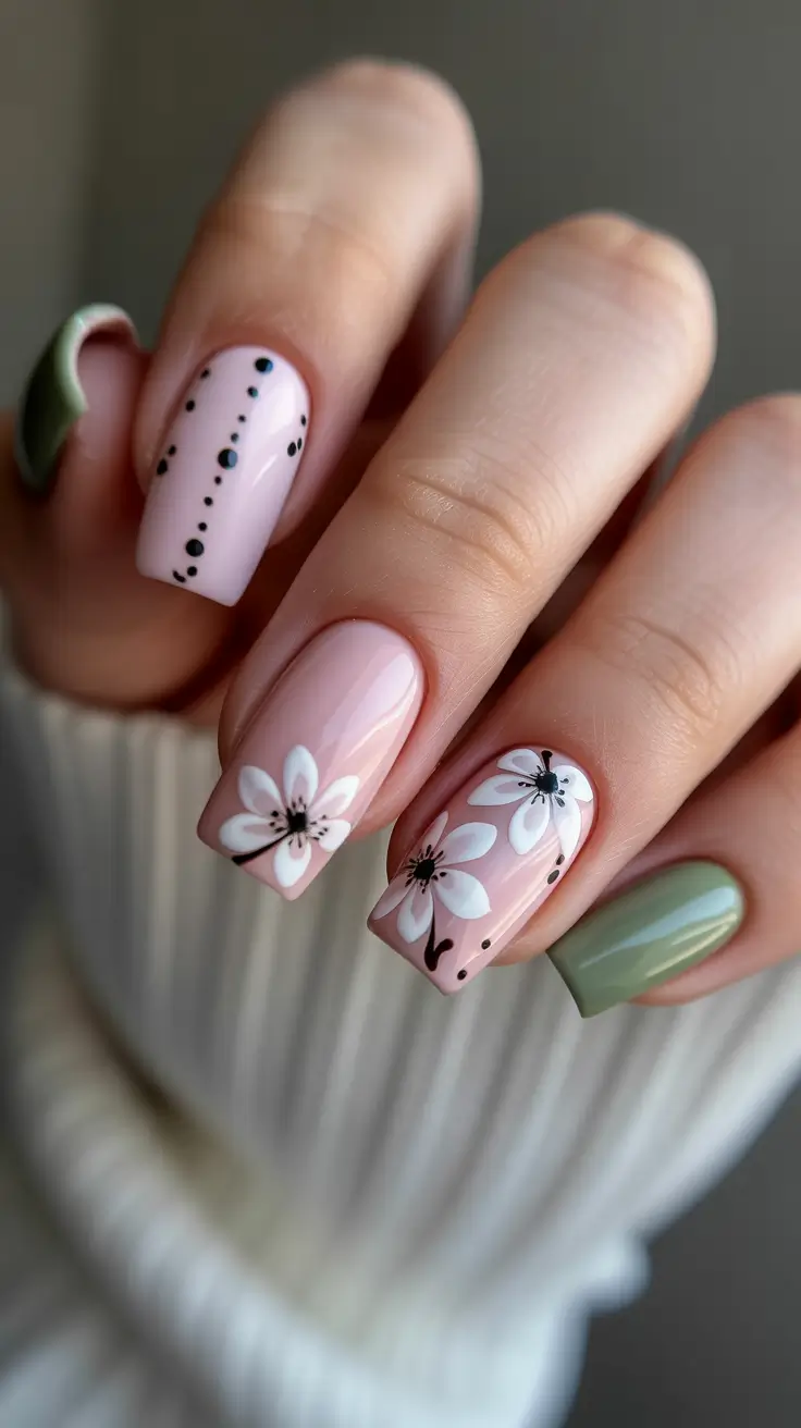 popular trendy spring nails 2026 Soft Pink Floral and Sage Contrast Square