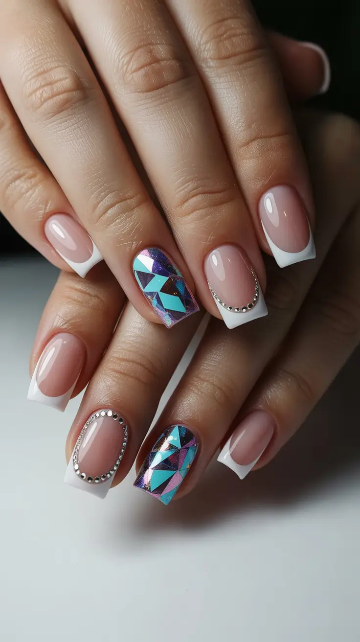 popular trendy spring nails 2026 Classic French with Geometric Jewel Accent