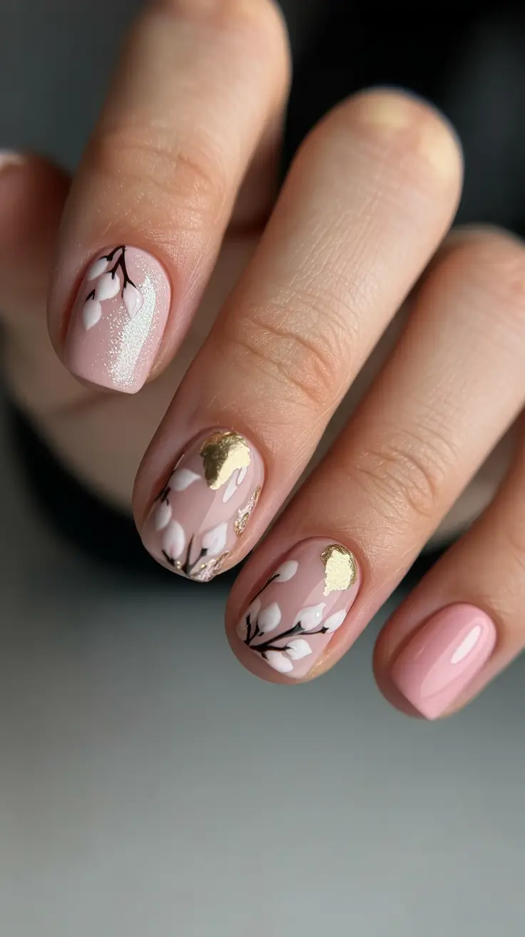 popular trendy spring nails 2026 Blush Blossom Branch with Gold Leaf