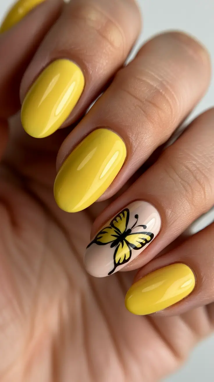 popular trendy spring nails 2026 Sunny Yellow Butterfly Accent