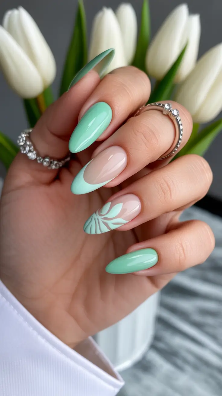 popular trendy spring nails 2026 Mint Almond Botanical Negative Space