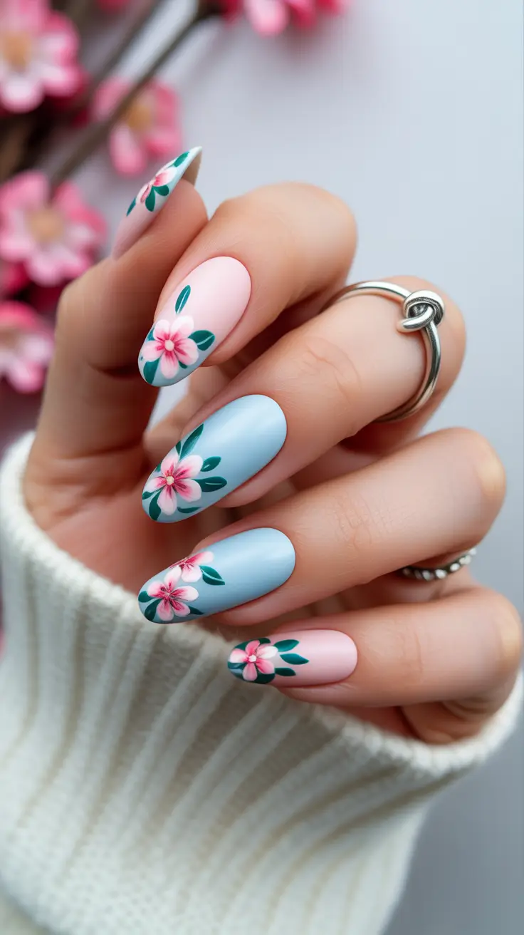 popular trendy spring nails 2026 Soft Blossom Pastels in Blue and Pink Harmony