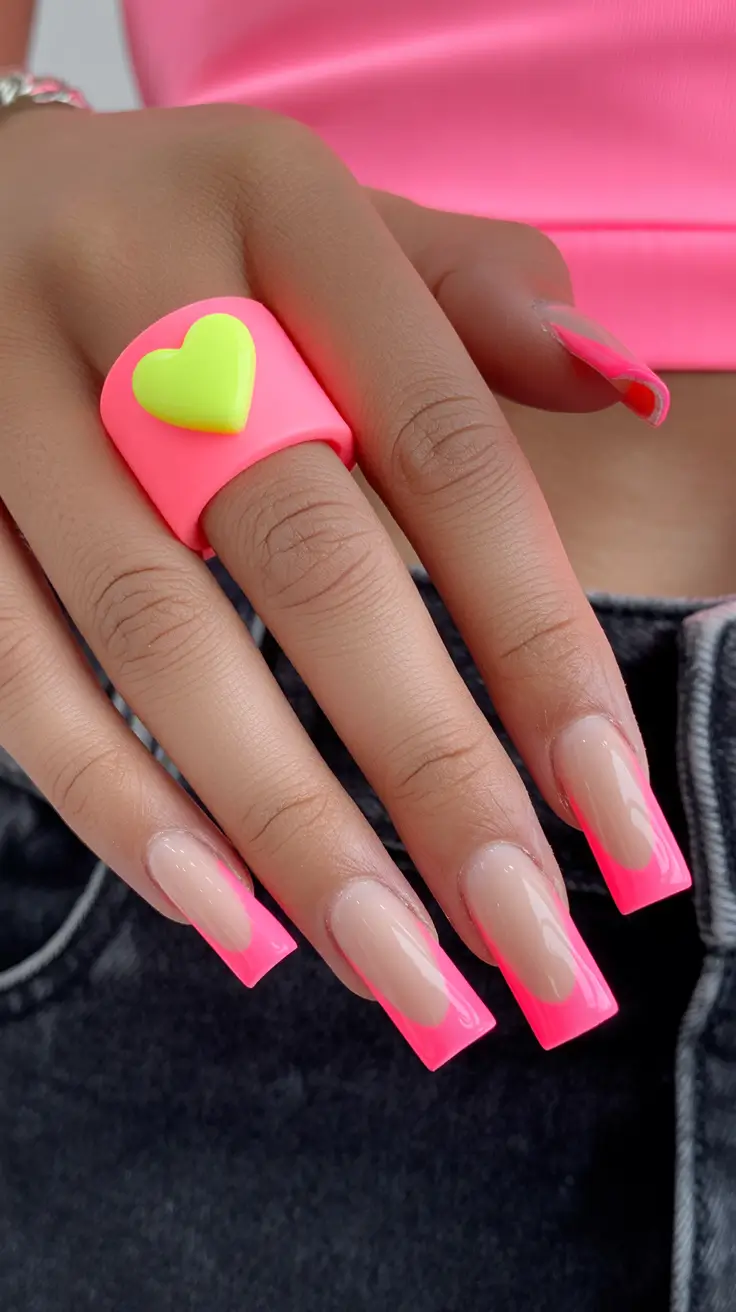 popular trendy spring nails 2026 Neon Pink French Coffin