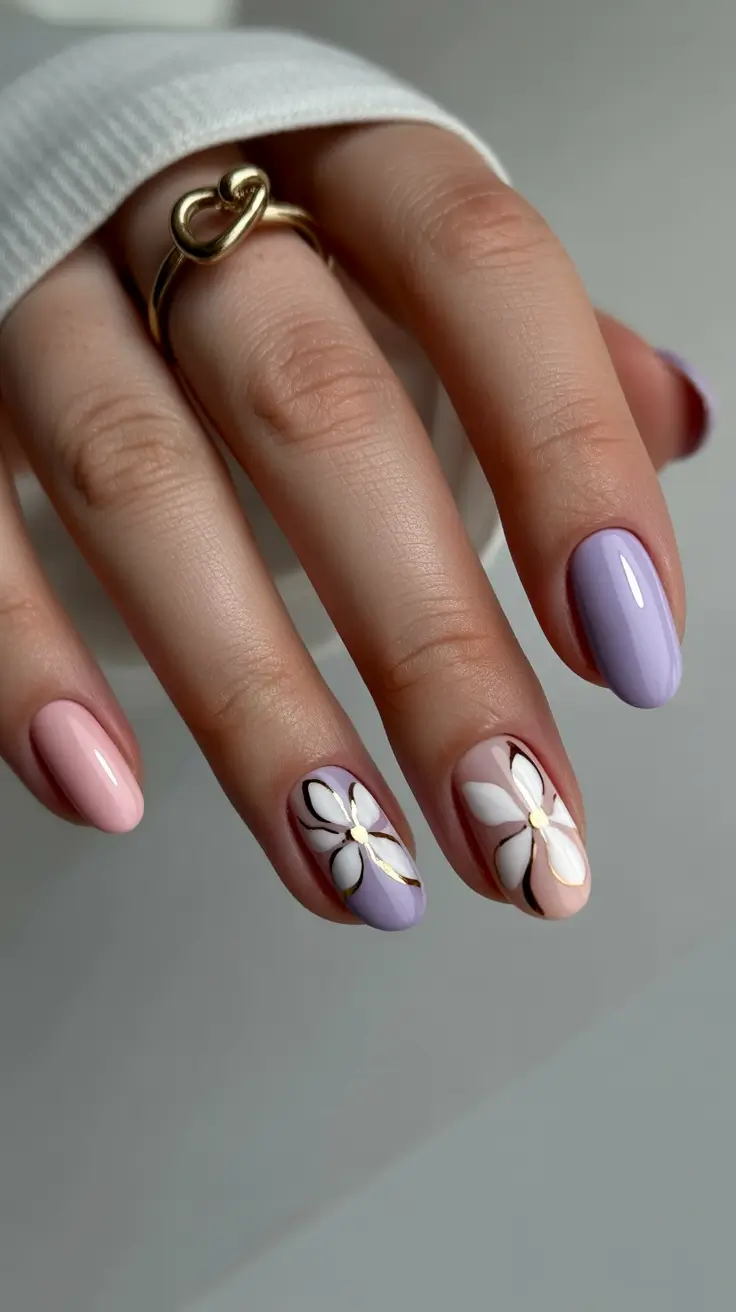popular trendy spring nails 2026 Lavender and Blush Daisy Minimalism