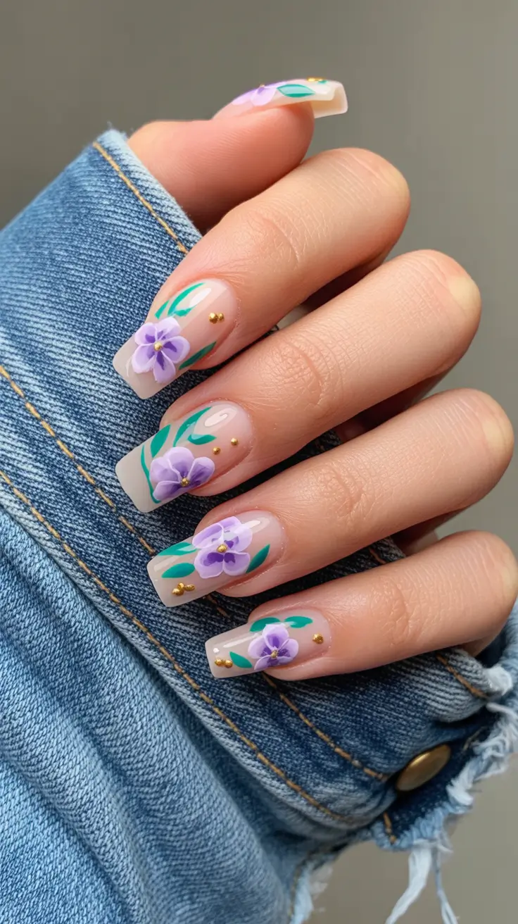 popular trendy spring nails 2026 Sheer Nude with 3D Violet Botanical Accents