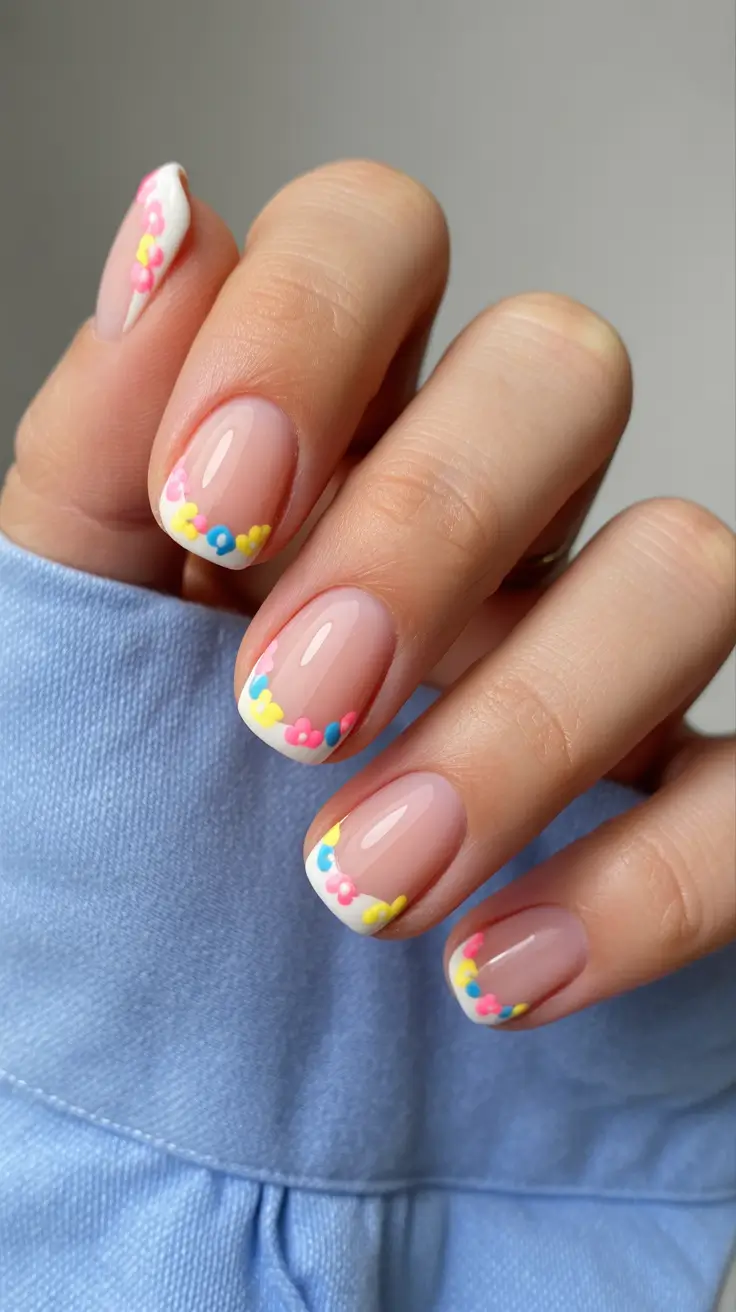 popular trendy spring nails 2026 Micro Floral French with Playful Color Petals