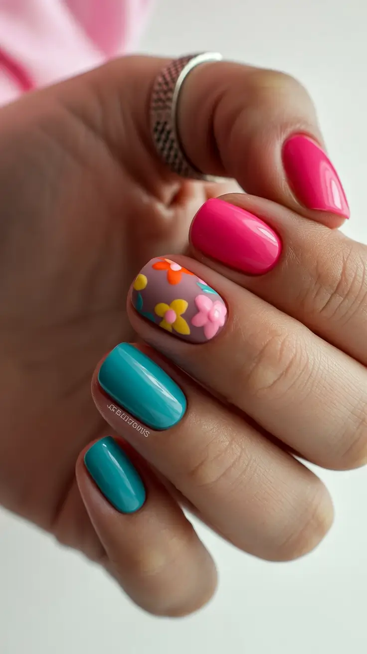 popular trendy spring nails 2026 Color Pop Garden Mix on Short Gloss Nails