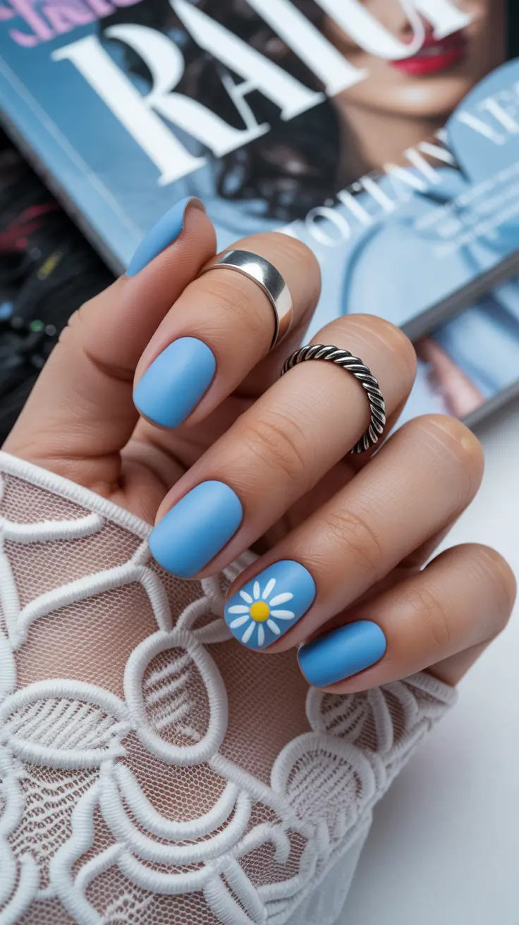 popular trendy spring nails 2026 Matte Sky Blue Daisy Minimal