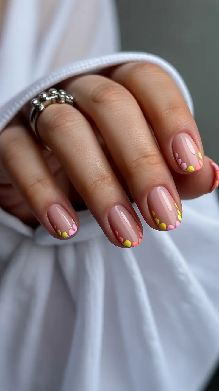 popular trendy spring nails 2026 Sheer Nude with Tiny Rainbow Dot Arcs