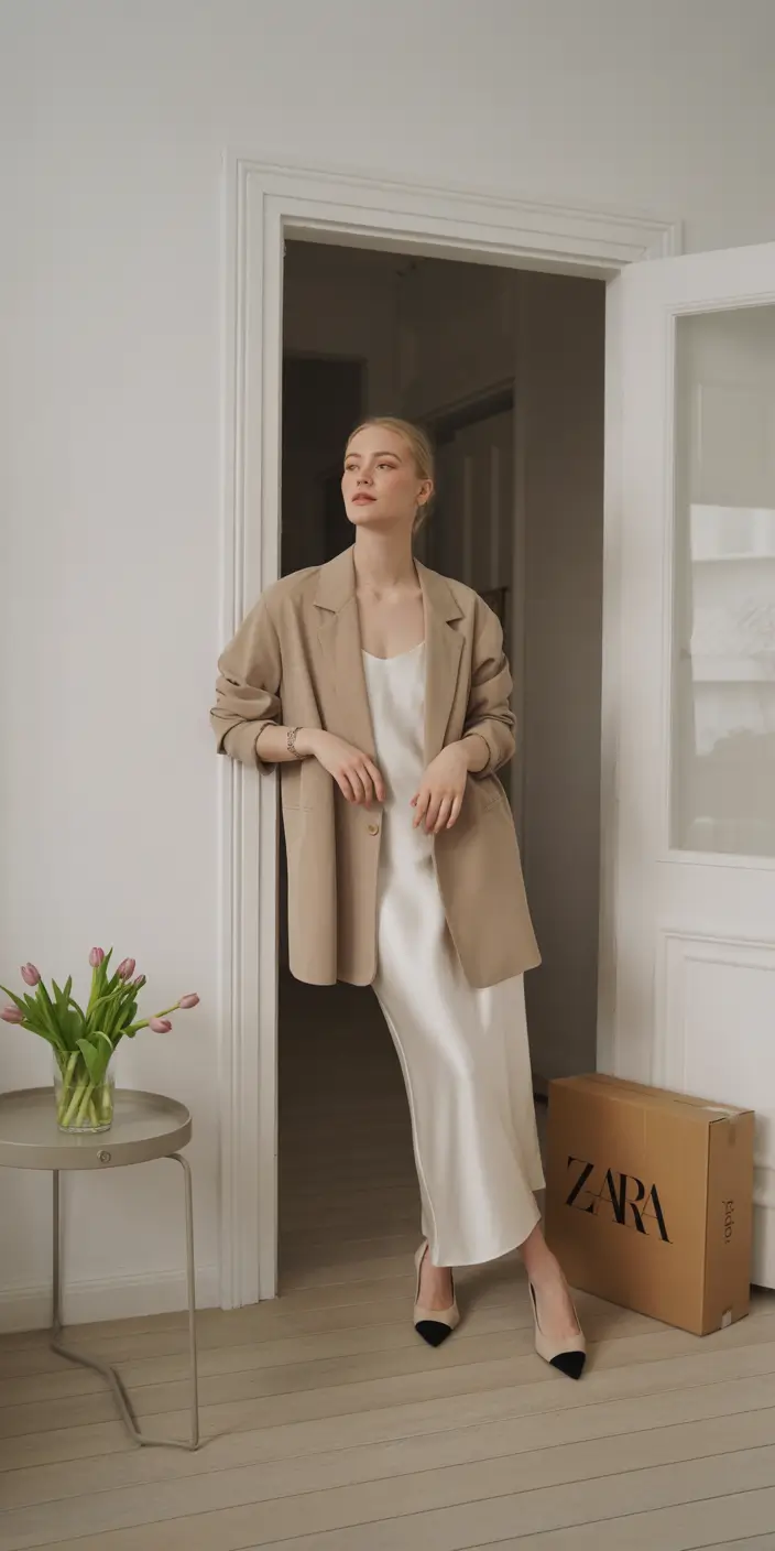 2026 Soft Beige Blazer Over Satin For Elegant Spring Evenings