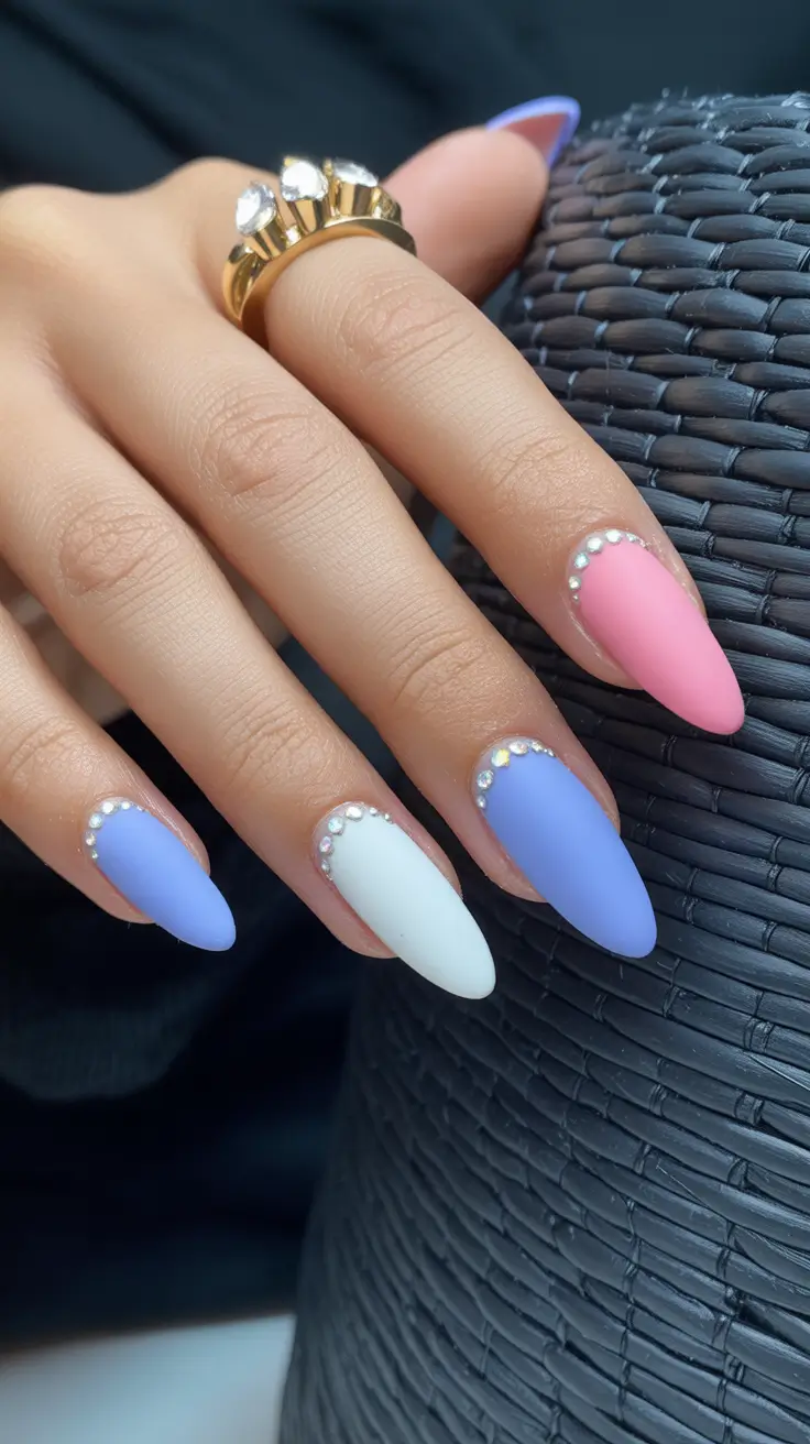 stunning spring break nails 2026 Pastel Almond with Crystal Cuticle Glow