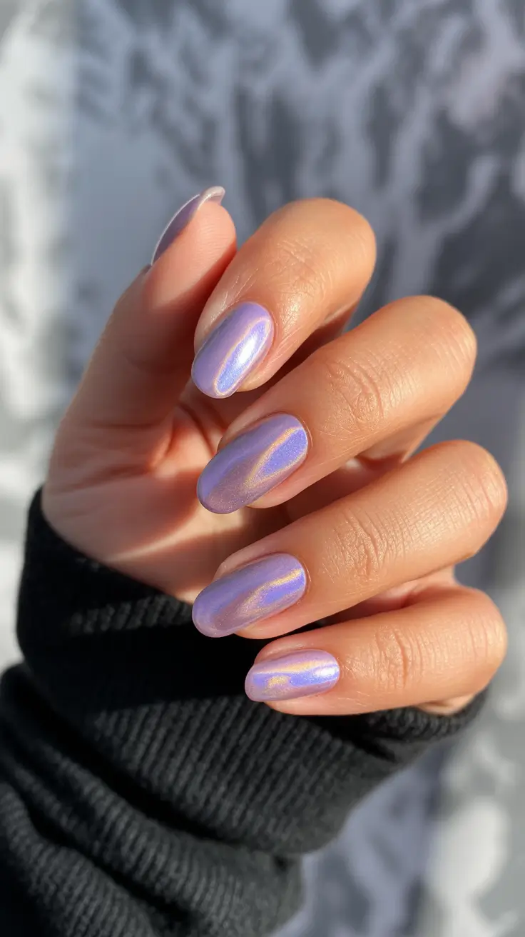 stunning spring break nails 2026 Lavender Pearl Chrome Oval