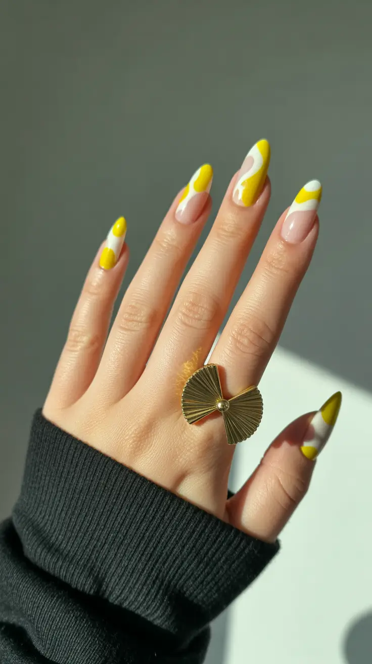 stunning spring break nails 2026 Sunbeam Yellow Swirl Almond