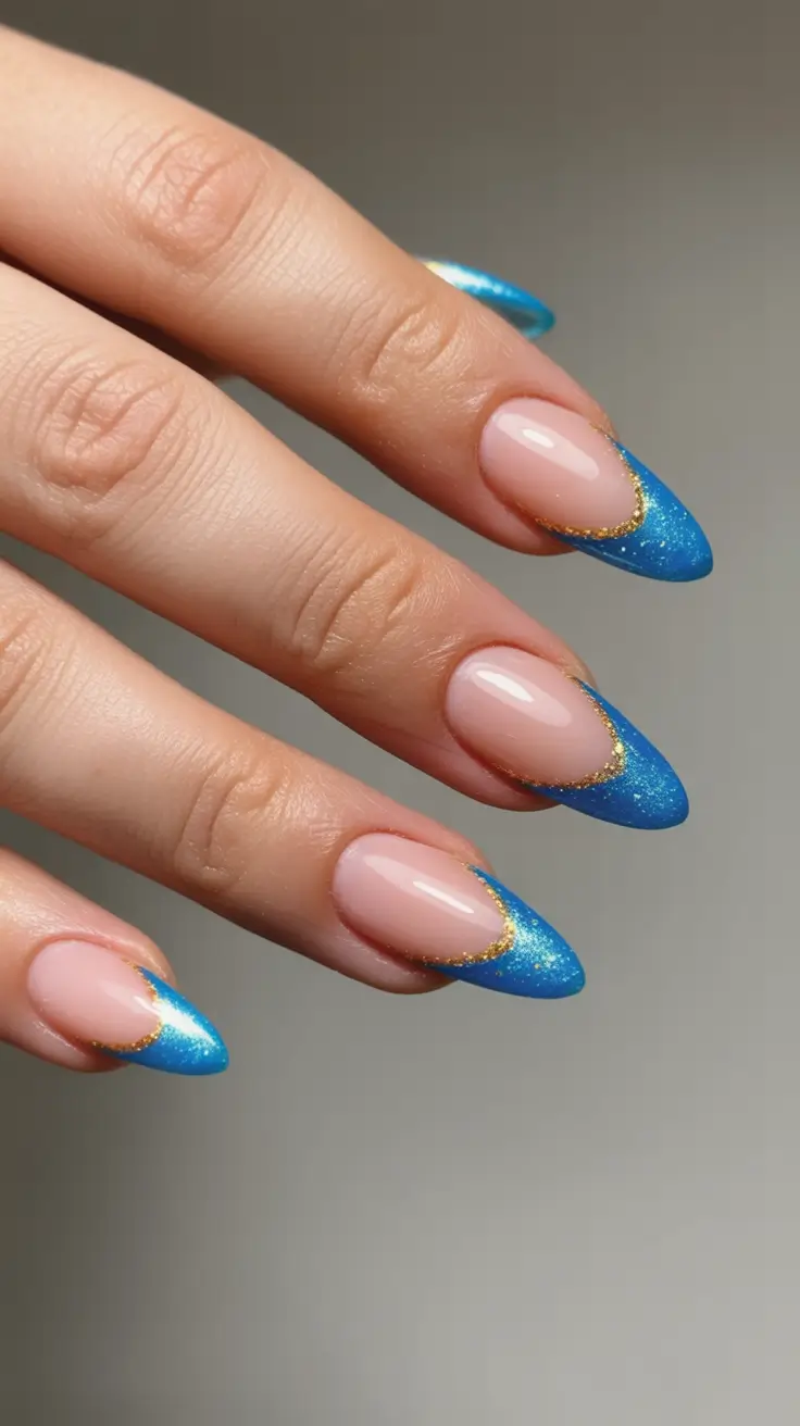stunning spring break nails 2026 Blue Glitter Crescent Tips