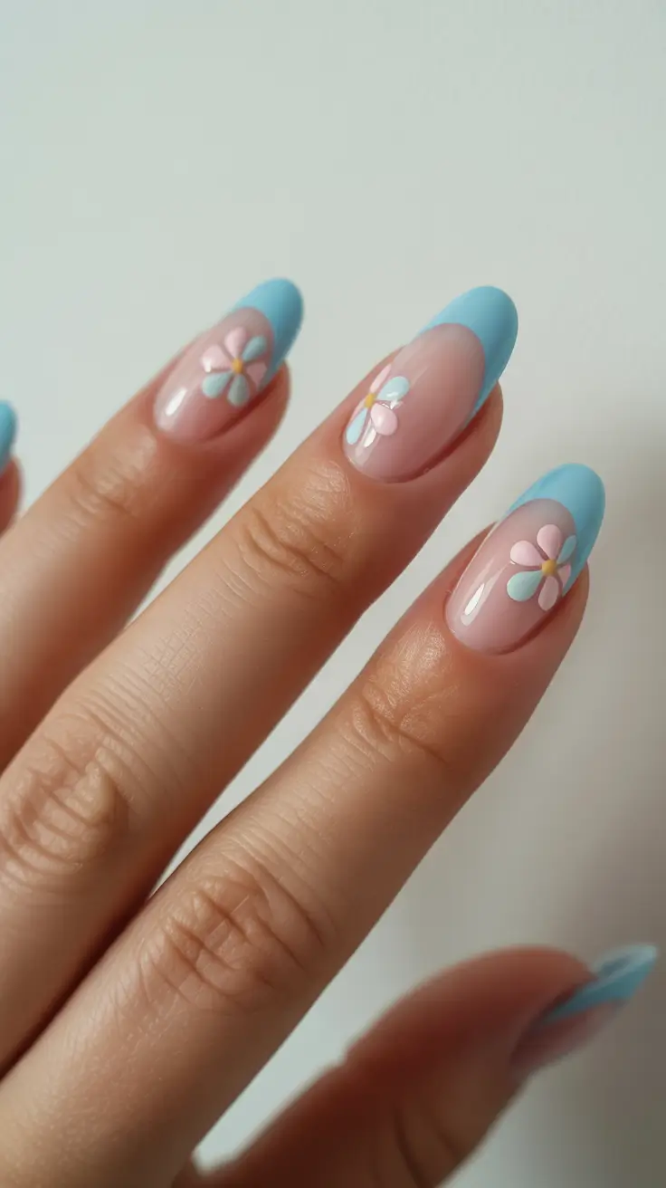 stunning spring break nails 2026 Sky Blue Daisy French Almond