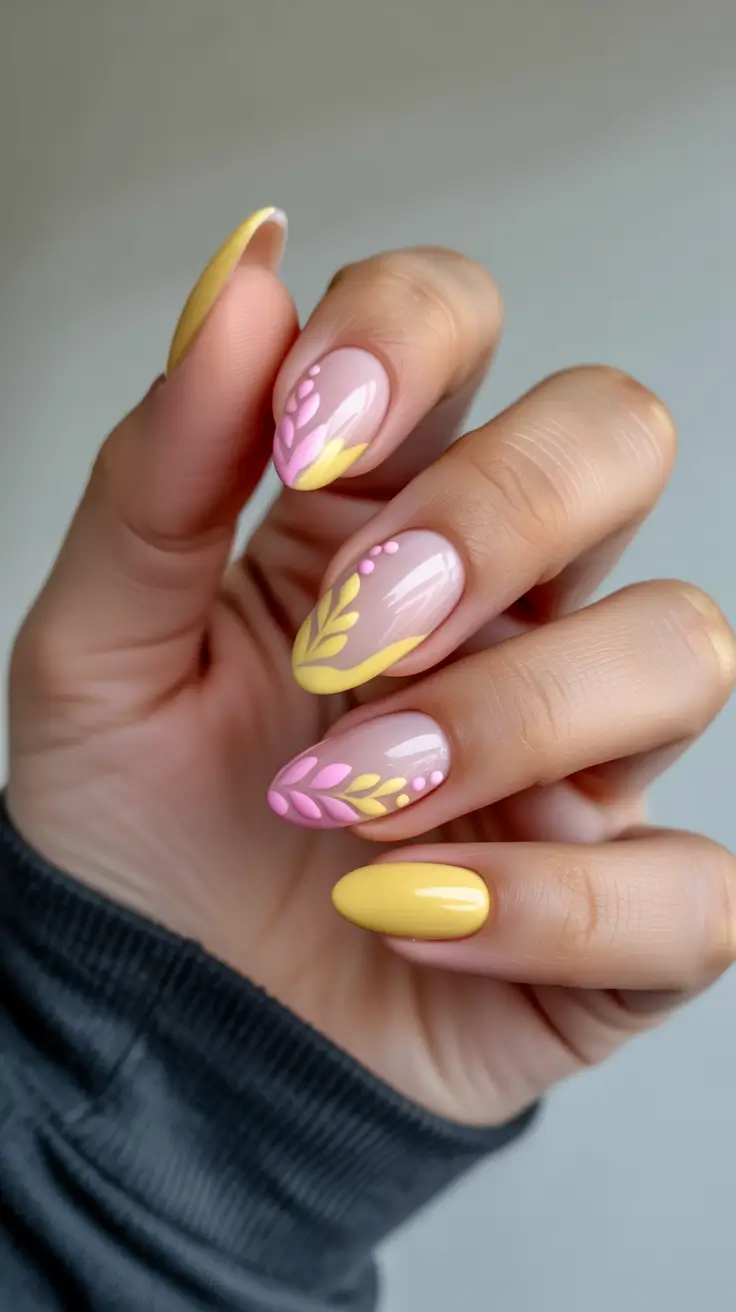 stunning spring break nails 2026 Pastel Leaf French Almond
