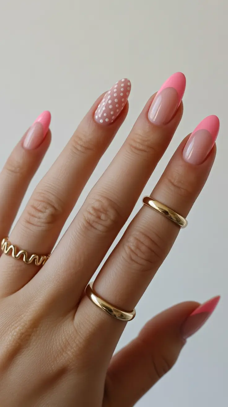 stunning spring break nails 2026 Pink Polka French Almond