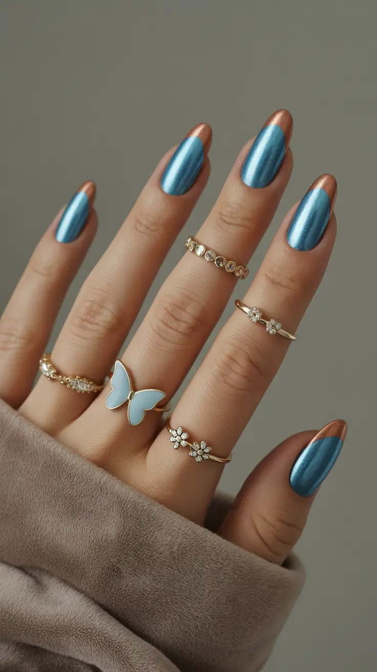 stunning spring break nails 2026 Metallic Aqua Almond with Bronze Tips