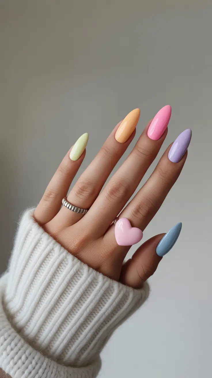 stunning spring break nails 2026 Rainbow Pastel Almond Palette