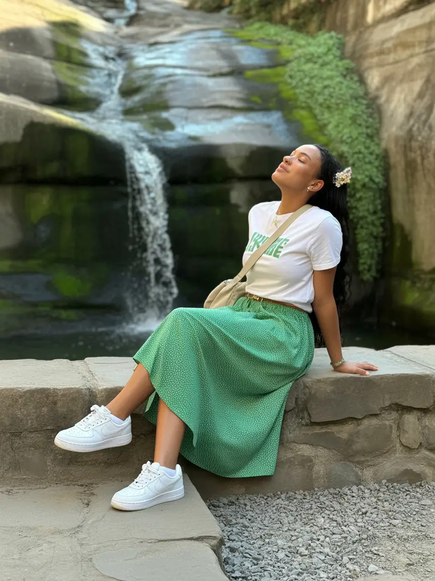 stunning spring outfits for black women 2026 - Green Midi Skirt and Graphic Tee With Nature-Loving Ease