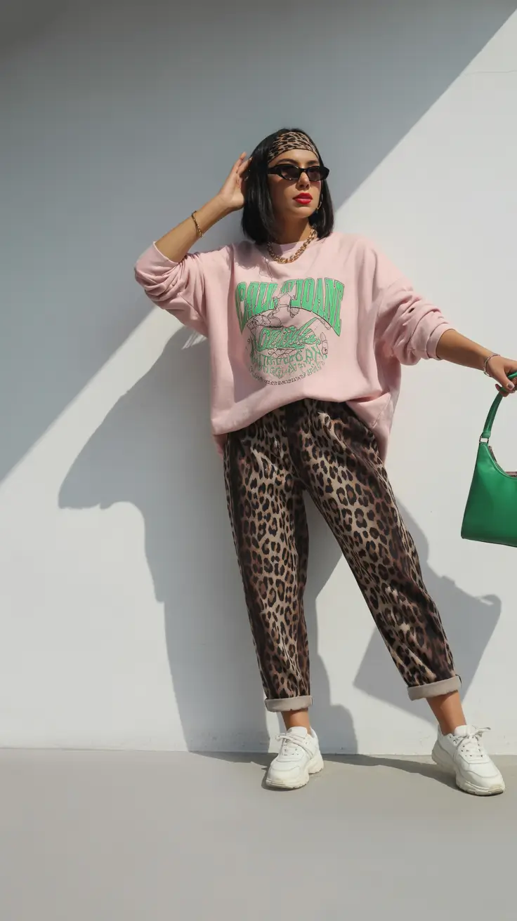 stunning spring outfits for black women 2026 - Bold Leopard Pants and Pastel Sweatshirt With Confident Street Style