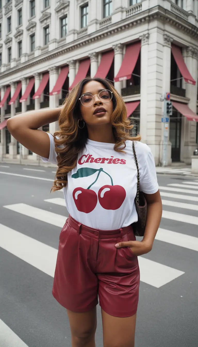 stunning spring outfits for black women 2026 - Cherry Graphic Tee and Red Leather Shorts With Playful Confidence