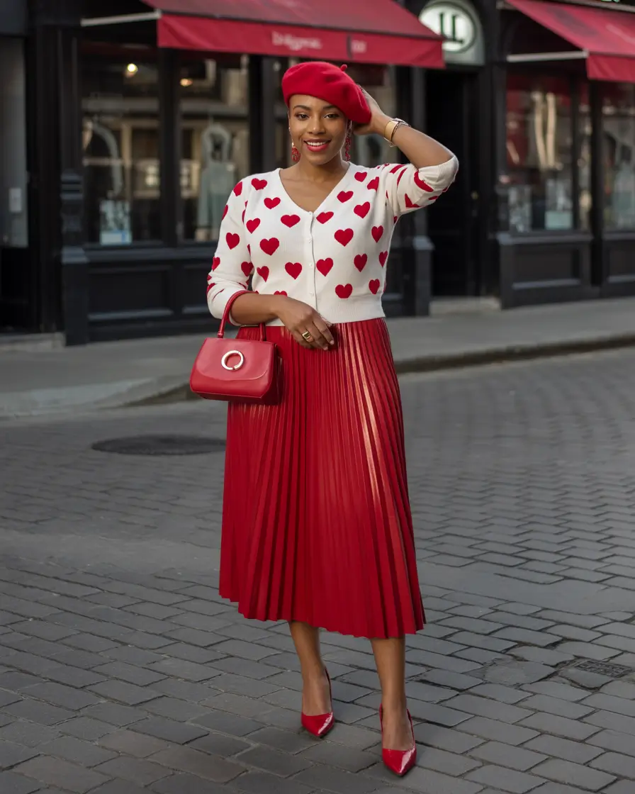stunning spring outfits for black women 2026 - Parisian-Inspired Red Pleats and Heart Motifs