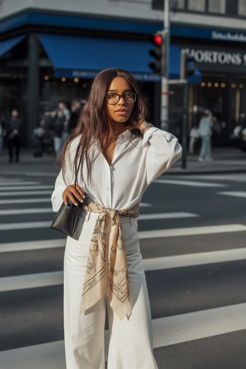 stunning spring outfits for black women 2026 - Soft Monochrome Whites With Scarf Detailing